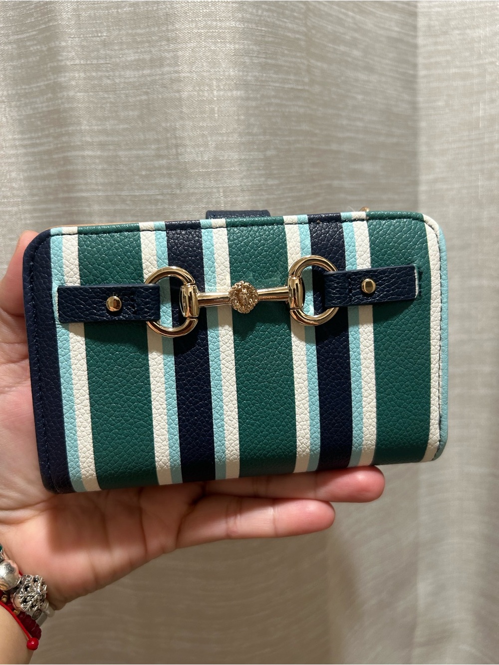 Anne Klein Striped Green & Navy Women's Wallet with Gold Horsebit Detail
